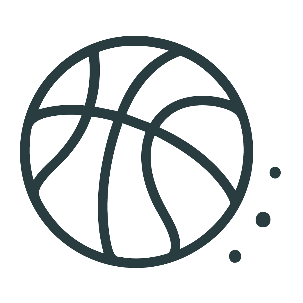 Illustration of a volleyball with three small circles next to it.