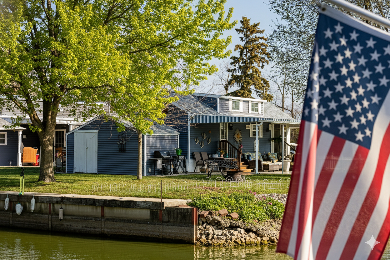 A house with a yard near a body of water, with a large tree and an American flag in the foreground.