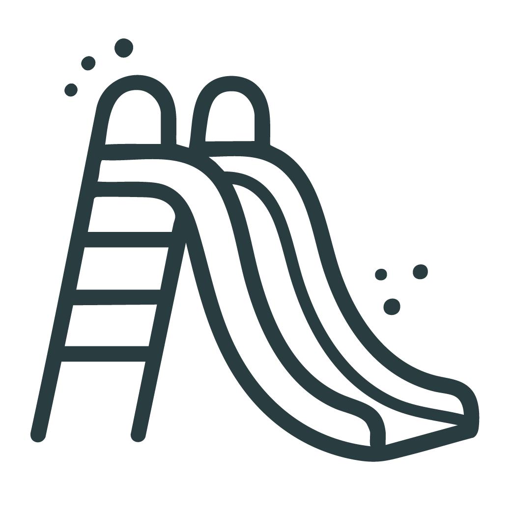 Outline of a playground slide with two slides and a ladder, with three bubbles or circles near the top and the side.