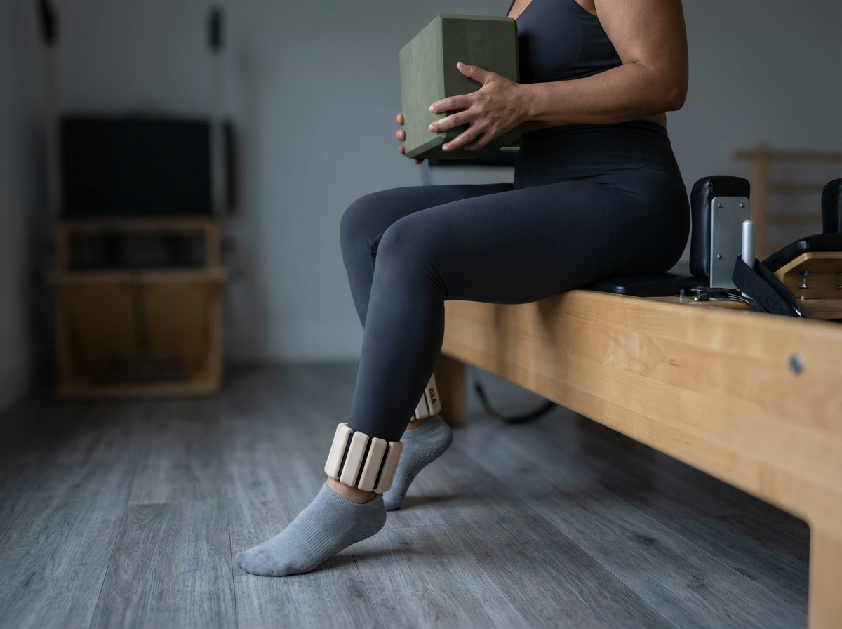 Person sitting on a wooden bench holding a gray box, wearing gray socks and black leggings, with medical or therapeutic equipment nearby.