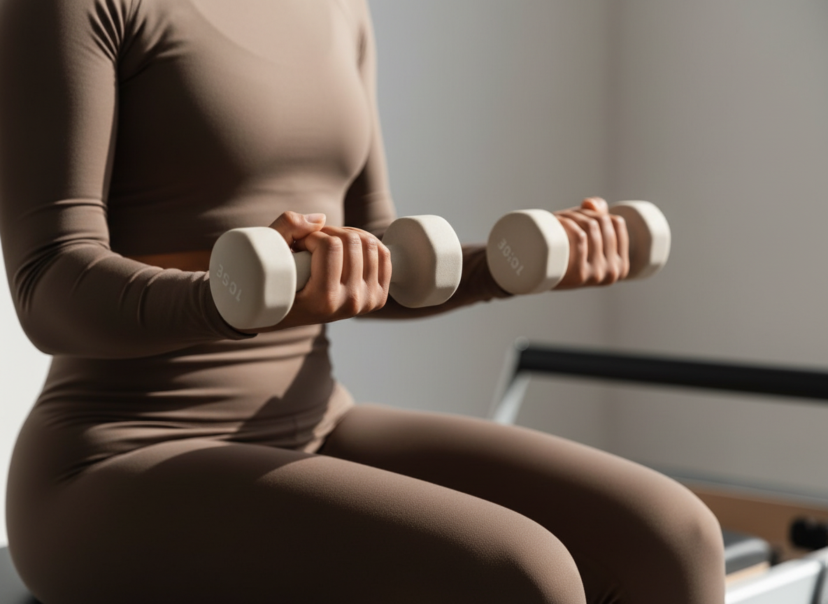 Person in beige workout clothes sitting and holding white dumbbells