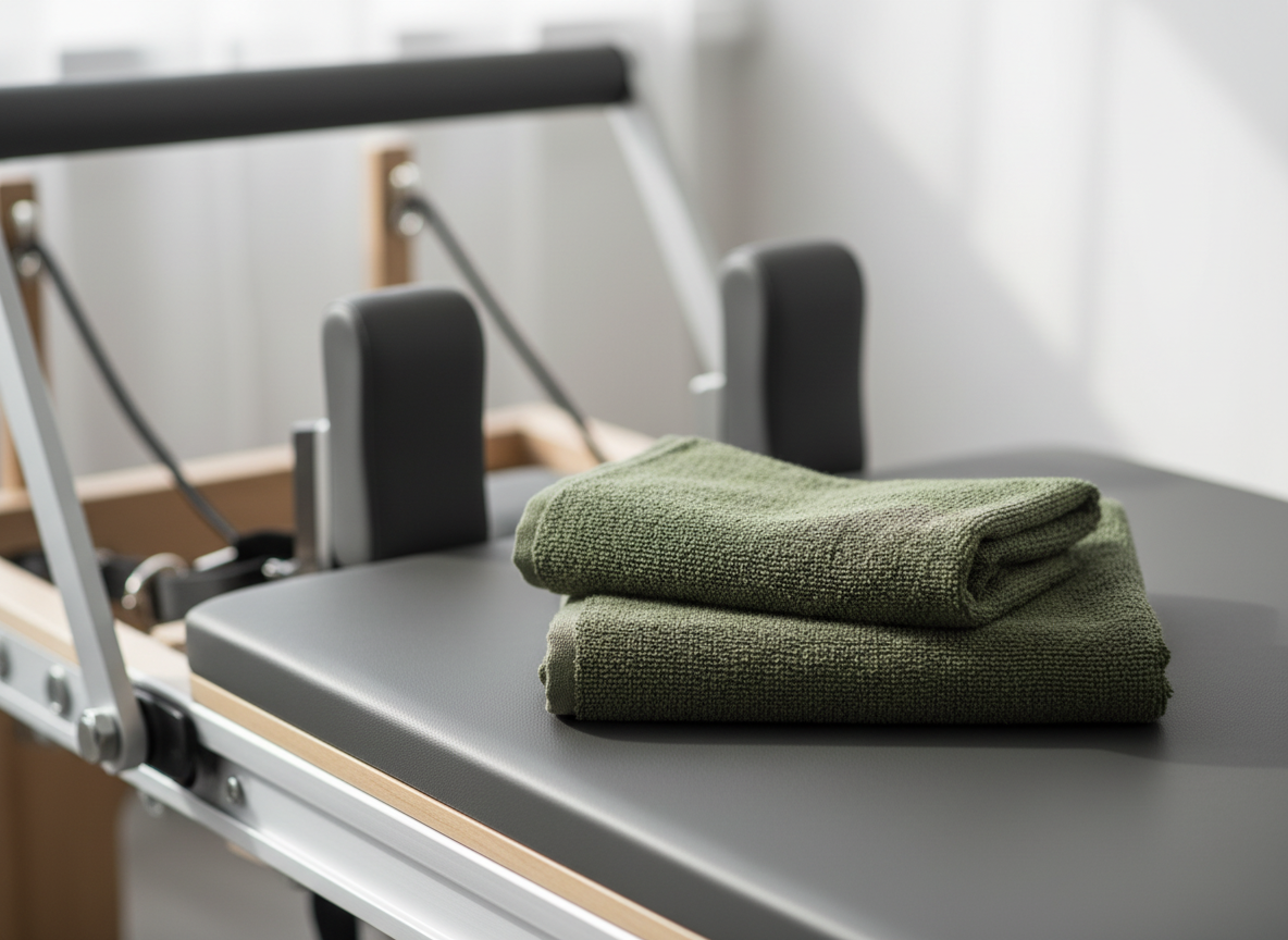 Folded green towel on a Pilates reformer machine with black padded foot bars and metal frame in a brightly lit room.
