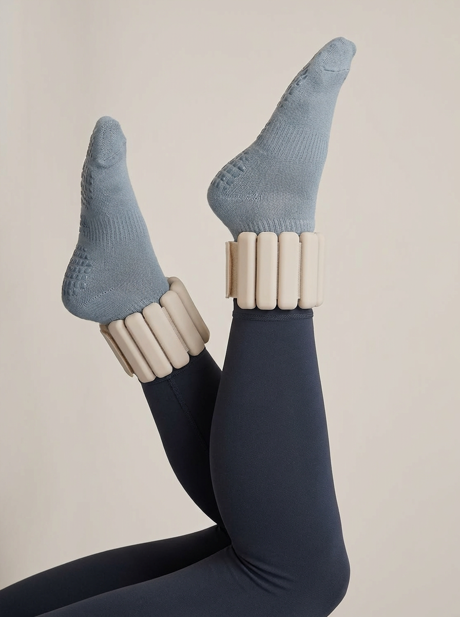 Close-up of a person wearing black leggings and grey socks with beige plastic wristbands, holding their legs in a bent position, against a plain white background.