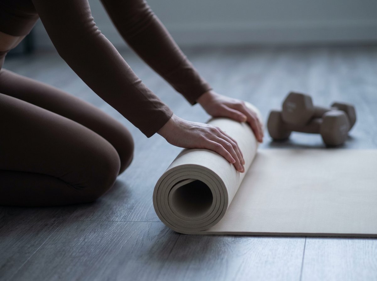 Person preparing to roll out a yoga mat on the floor with a small dumbbell nearby.
