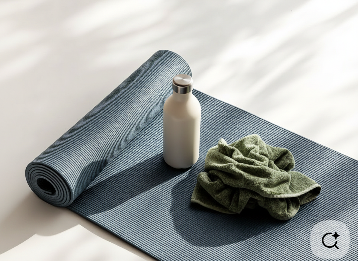 A blue yoga mat, a green towel, and a white water bottle on a white surface with sunlight shadows.