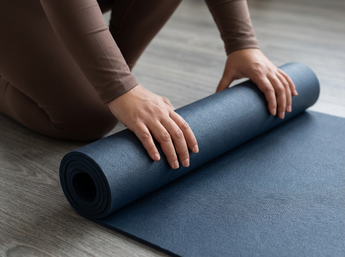 Person unrolling blue yoga mat on wooden floor