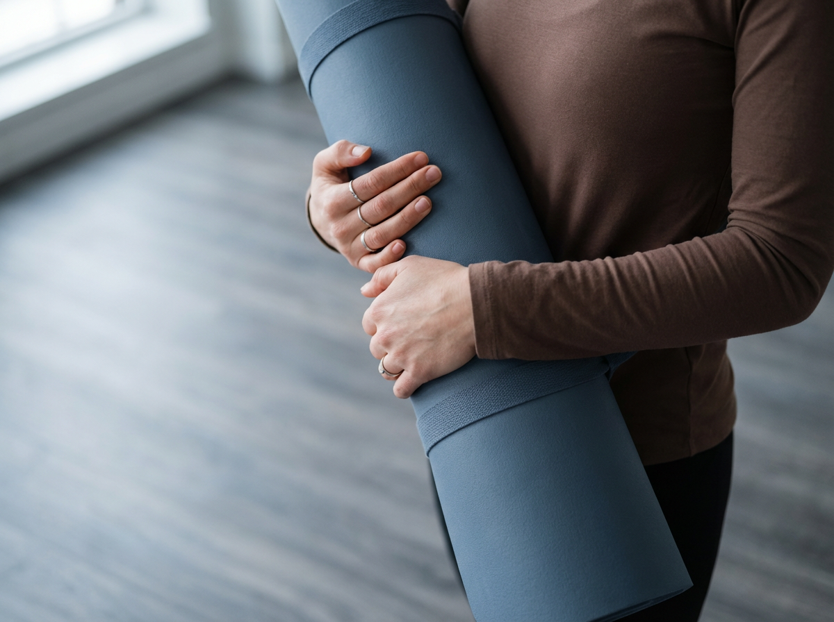 Person holding a blue yoga mat in a room with wooden floors
