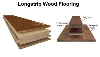 Diagram of longstrip wood flooring showing engineered plank with 3/4 inch solid wood on top, supported by engineered and longstrip planks.
