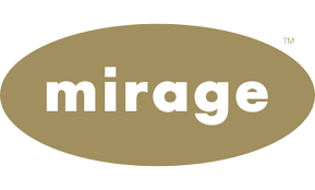 Mirage logo with white lowercase letters inside an oval shape.