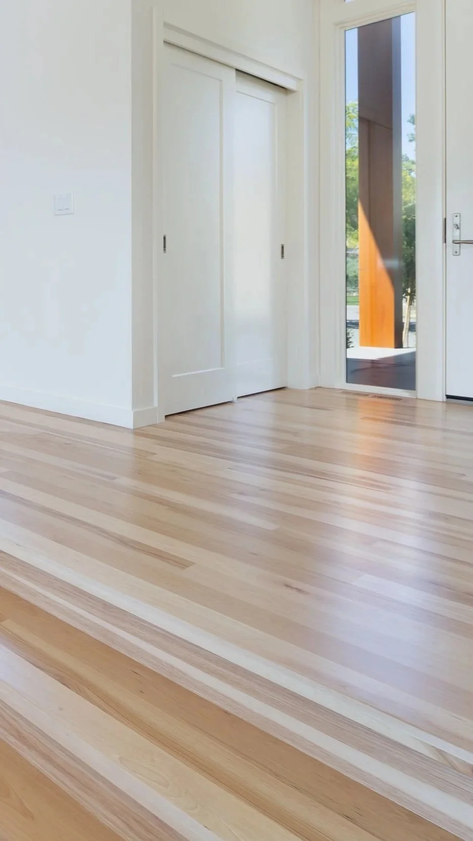 Empty room with light-colored wooden floors, white walls, a closed white sliding closet door, and a glass door leading outside, with visible trees and sunlight.
