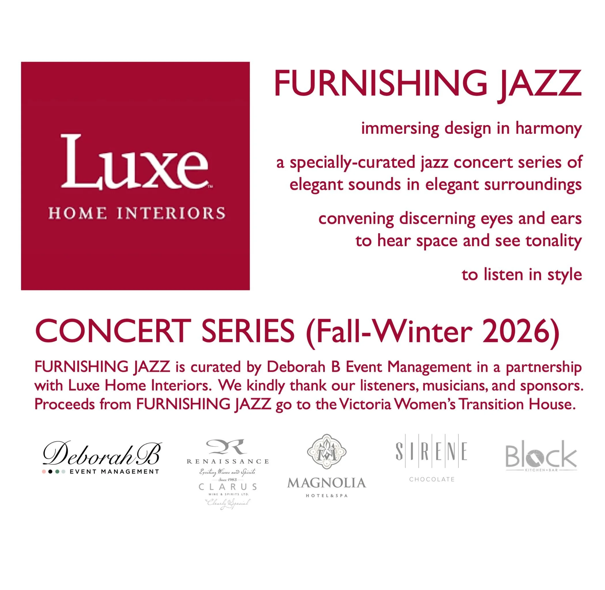 I&rsquo;m thrilled to introduce FURNISHING JAZZ&mdash;a chamber jazz concert series I&rsquo;m curating at, and in a special partnership with @luxehomeinteriorsvictoria 

The Fall-Winter 2026 series launches at 7:30pm on September 4th.

Wine and choco