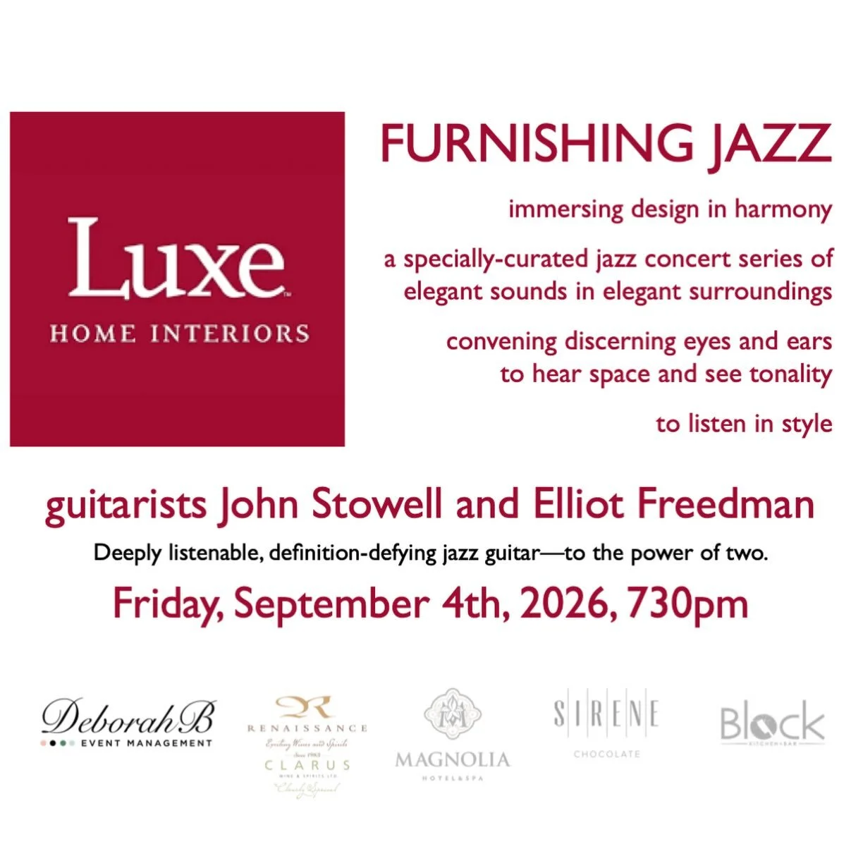 Friday, September 4th is the very first concert of FURNISHING JAZZ!

Deeply listenable, definition-defying jazz guitar to the power of two as Portland&rsquo;s John Stowell joins composer-guitarist Elliot Freedman (with Dan Howard, bass).

In partners