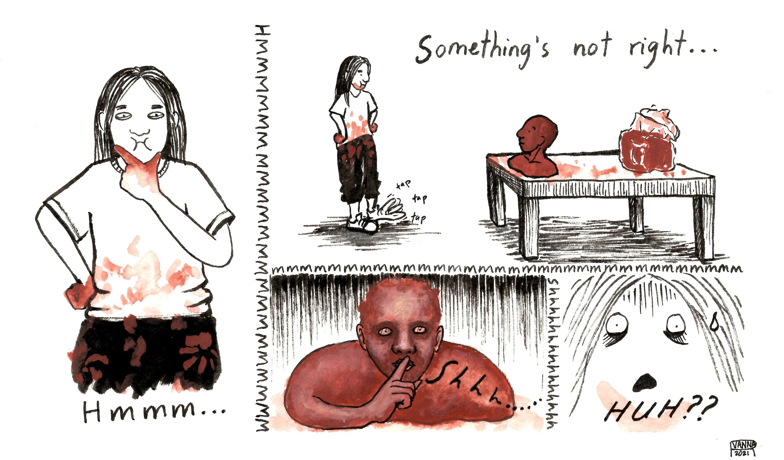 "Hmmm...Something's not right...", 2021, micron pen, watercolor, paper, 4 x 6 inches