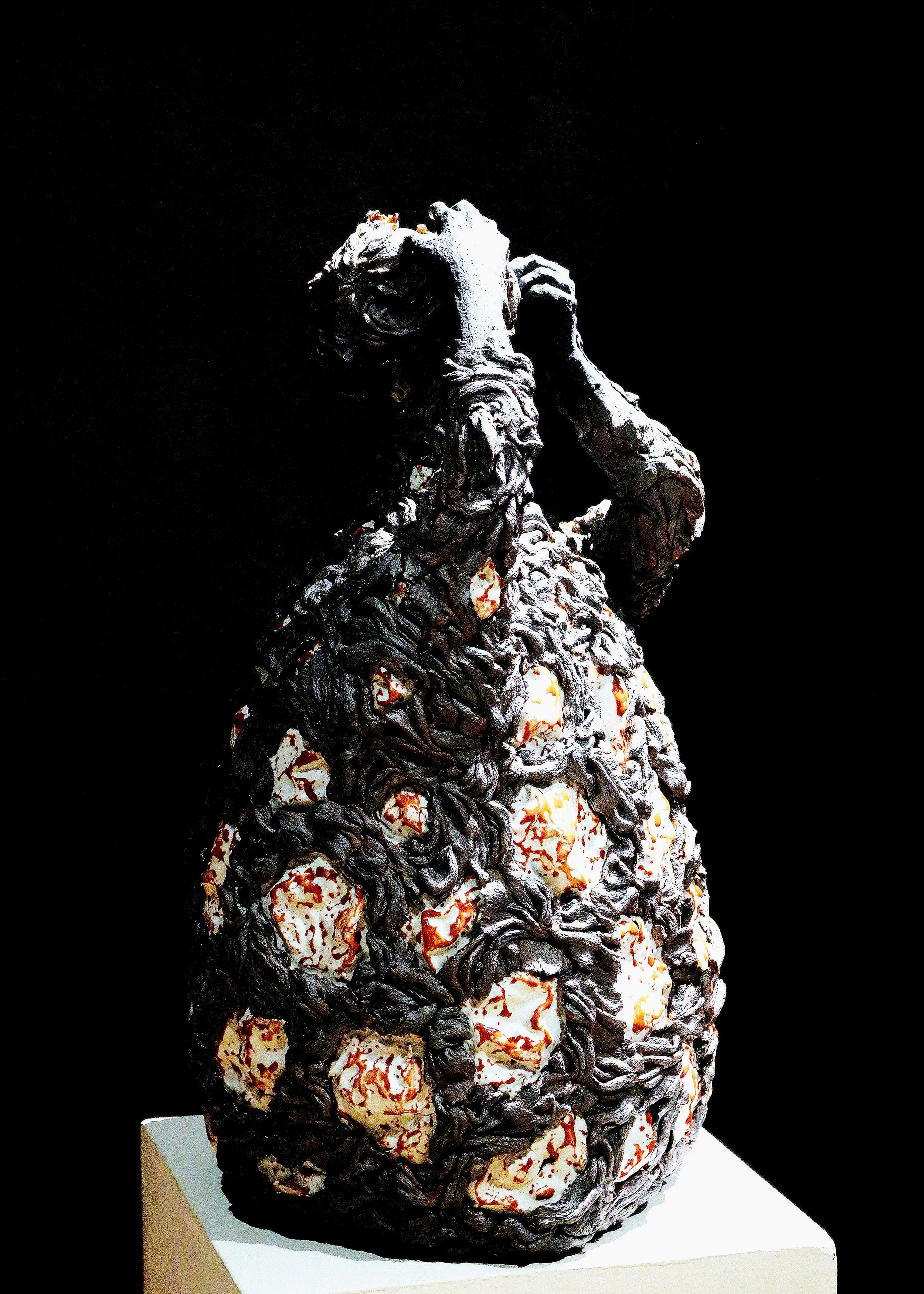 Revealing, 2022, 15 x 16 x 28 inches, stoneware, porcelain and internal LED component, cone 10, reduction-fired