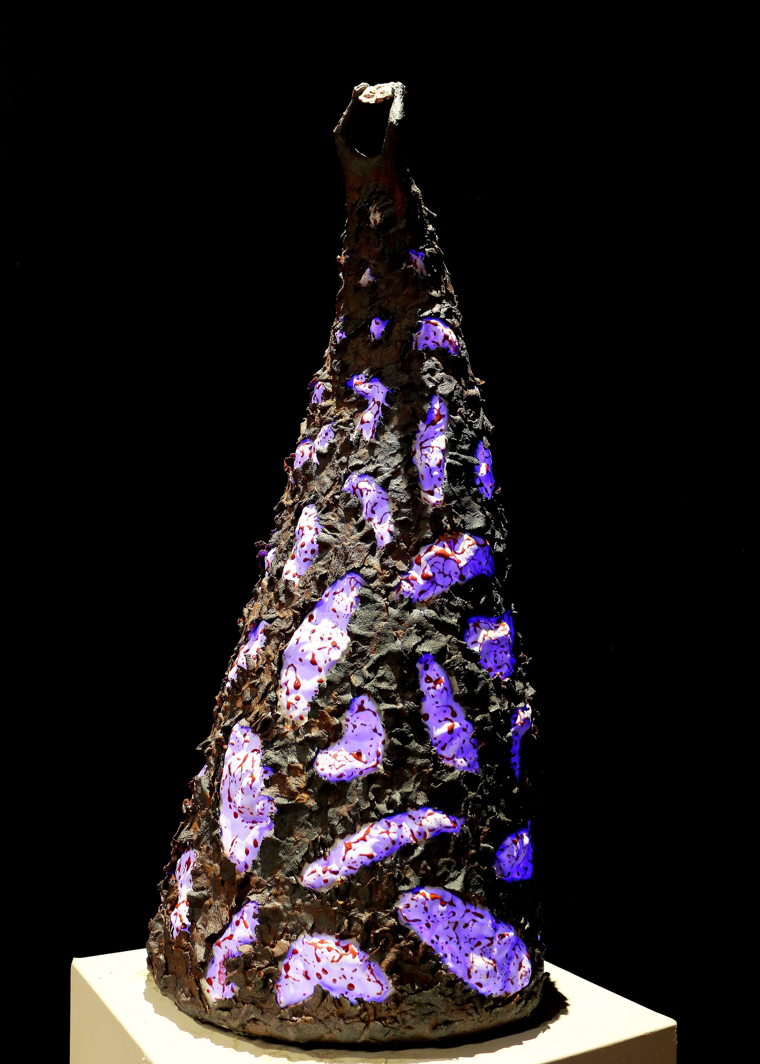 Rising, 2022, 14 x 14 x 32 inches, stoneware, porcelain and internal LED component, reduction-fired, cone 10