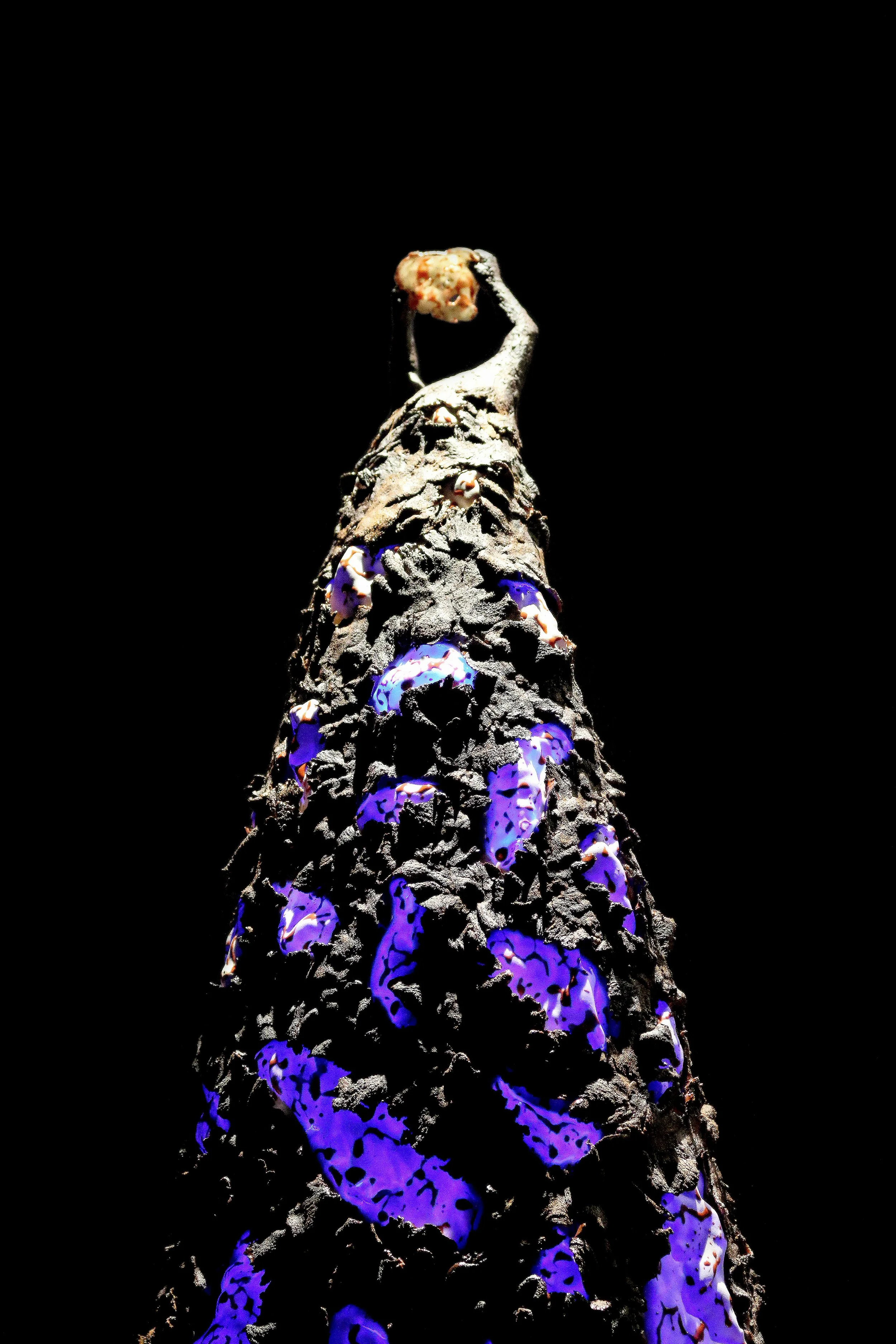 Rising, 2022, 14 x 14 x 32 inches, stoneware, porcelain and internal LED component, reduction-fired, cone 10