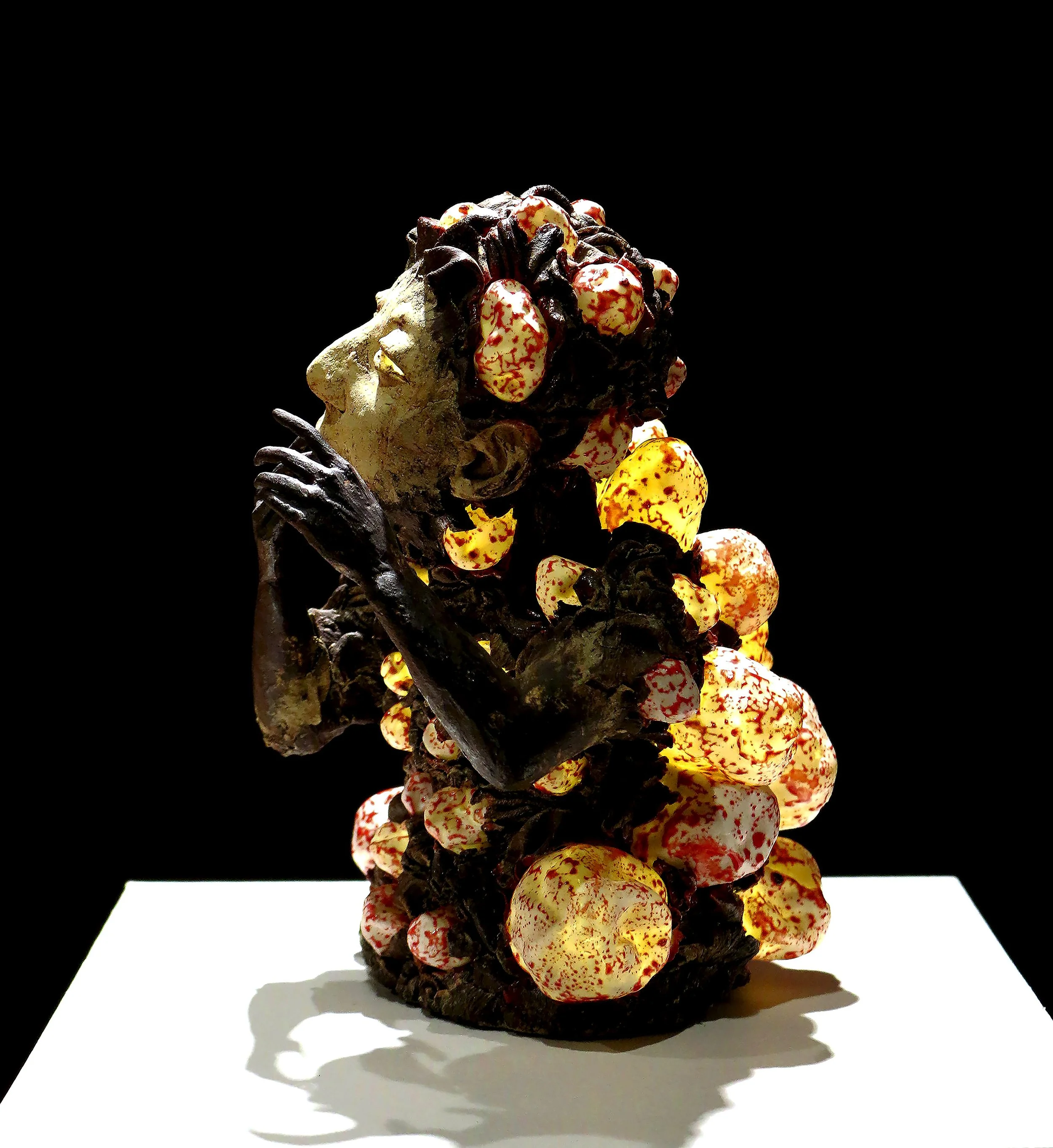 Something's Not Right, 2021, 6 x 8 x 10 inches, stoneware, porcelain, and internal LED components, electric-fired, cone 7