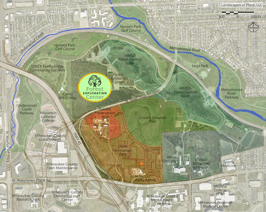 An illustrated map of the Forest Exploration Center and surrounding roads and neighborhoods
