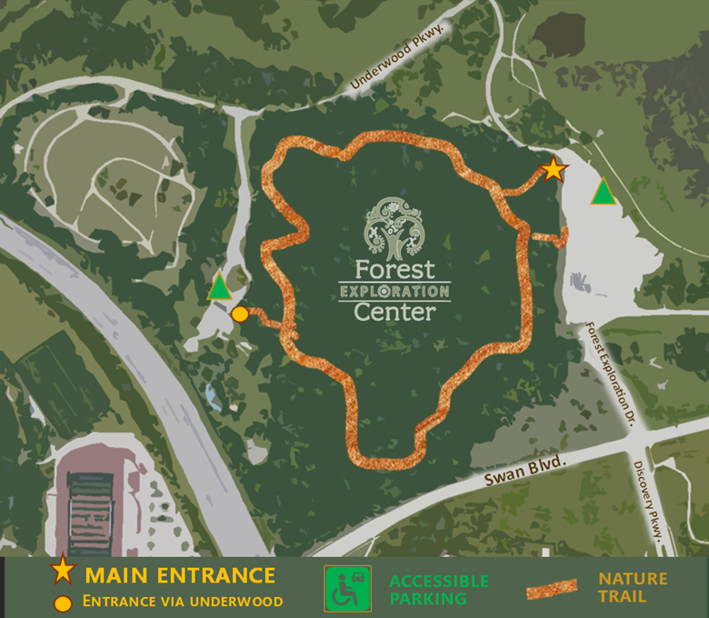 A graphic showing the path of the mile loop trail, parking areas, and entrances
