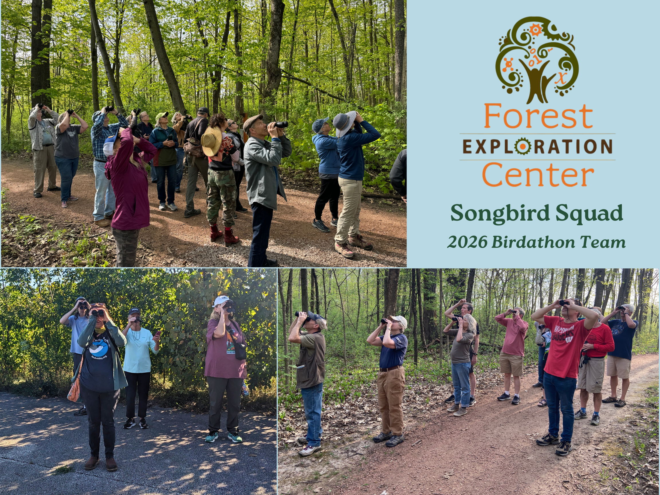 A collage of birding groups at the FEC and "Songbird Squad 2026 Wisconsin Birdathon"