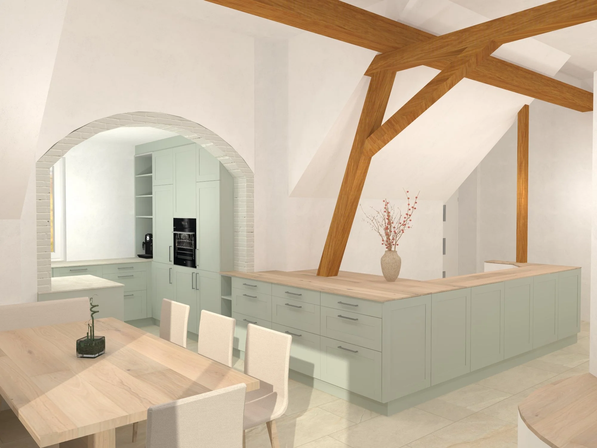 Heller Essbereich mit massivem Holz-Tisch und weißen Stühlen, offener Küchenschrank mit schwarzen Geräten, weiße Wände, skandinavischer Stil mit minimalistischem Dekor und Vase mit Zweigen, eine fotorealistische Visualisierung
