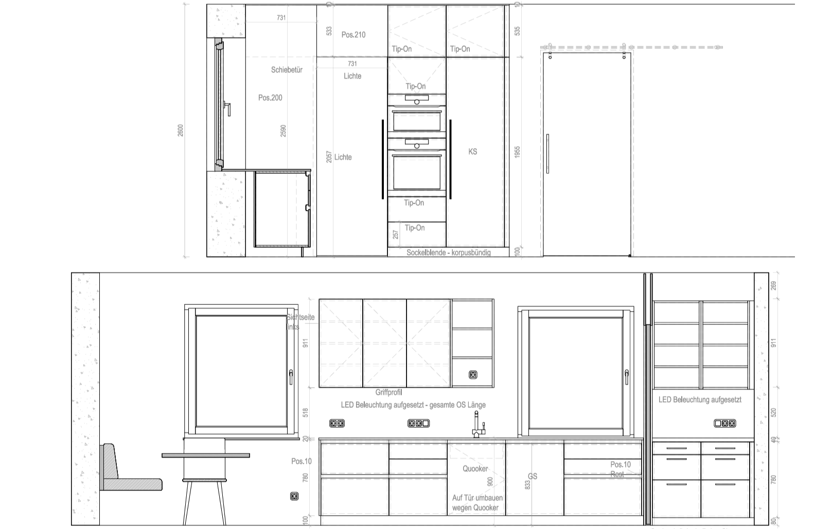 Architektonischer Entwurf für eine Küchenschnittansicht mit Schränken, Beleuchtung und Einbauten