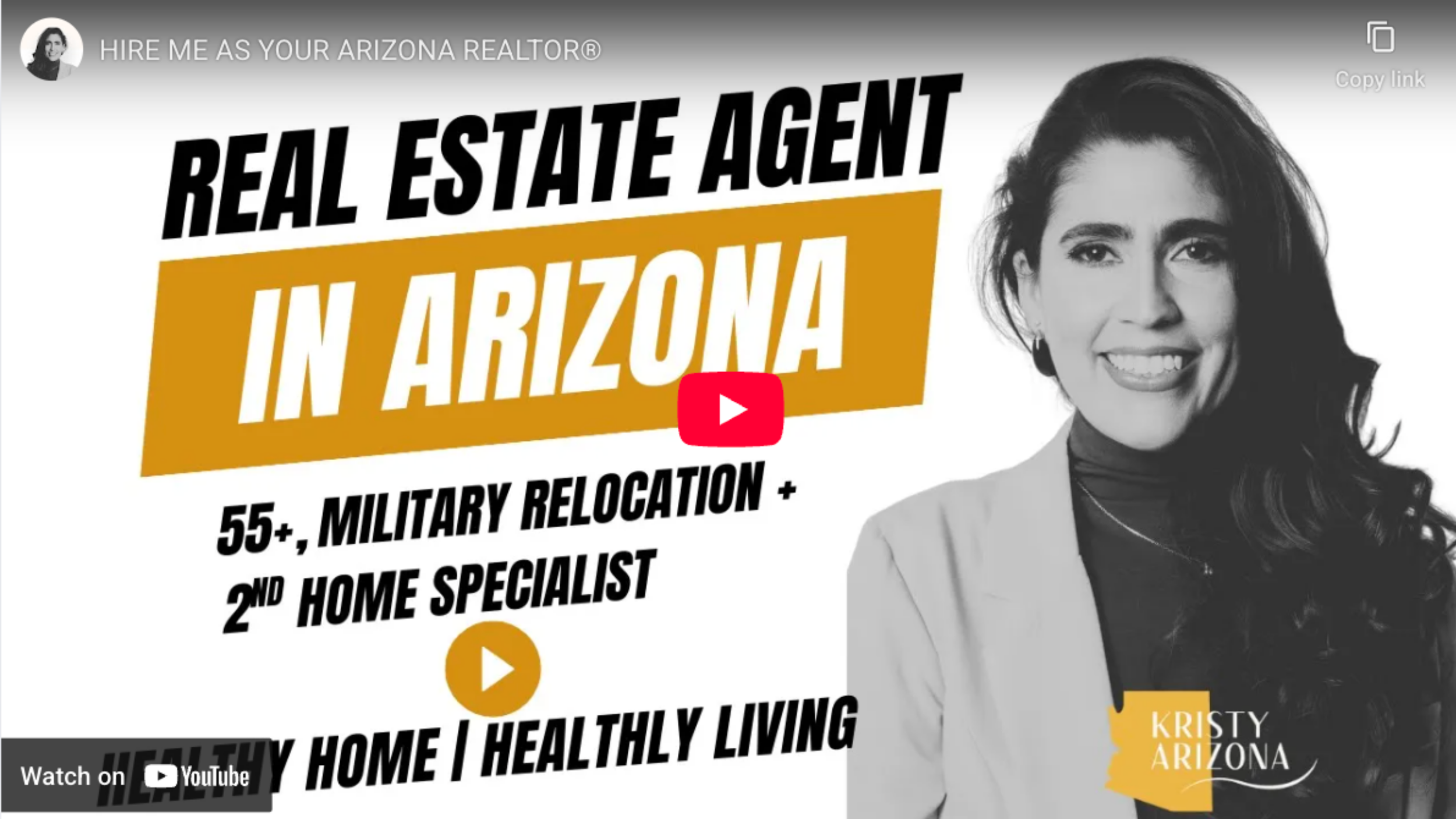 Youtube video thumbnail featuring Arizona real estate agent specializing in 55 plus military relocation, and second home services