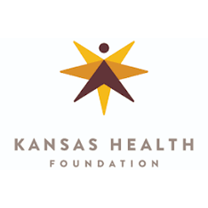Logo of Kansas Health Foundation featuring a stylized abstract human figure with arms and legs in shades of brown and yellow, above the text 'Kansas Health Foundation'.