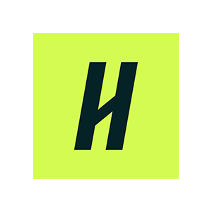 A lime green square background with a bold black letter H in the center.