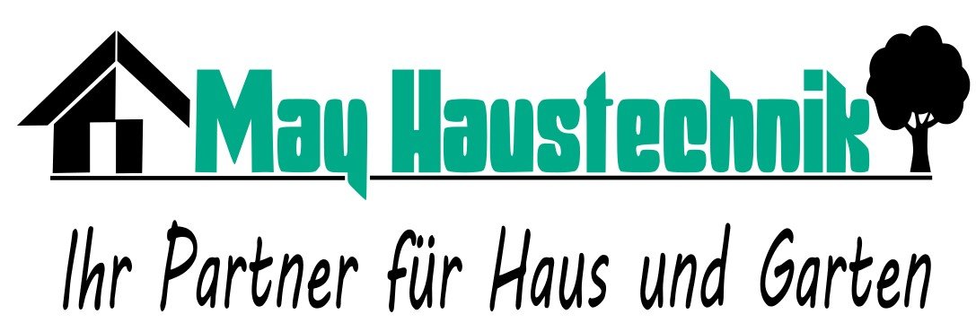 Altes Logo für May Haustechnik mit Haus- und Baum-Symbolen, grüner und schwarzer Schrift, Slogan 'Ihr Partner für Haus und Garten'.
