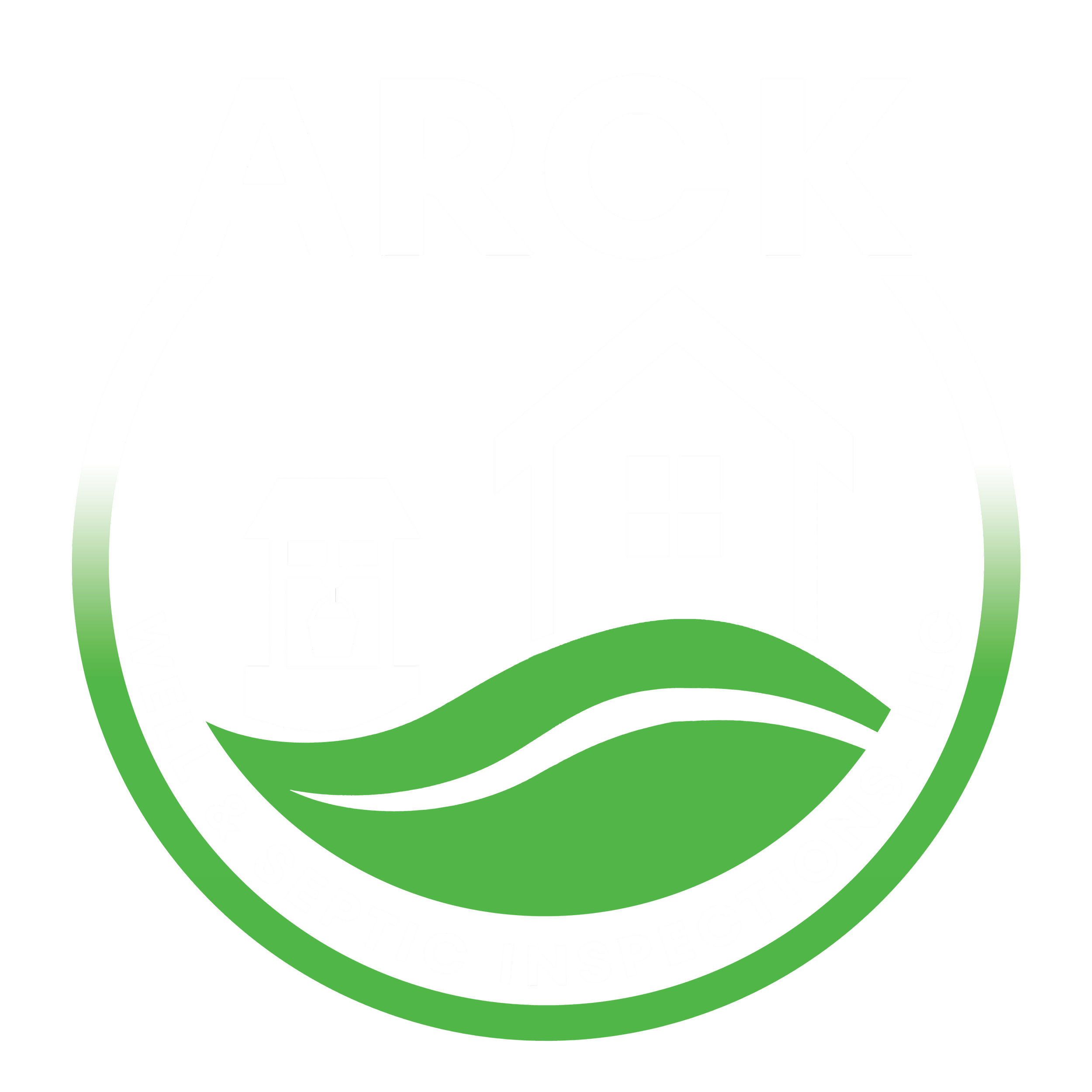 Logo for ARCK Well & Septic Inspections, featuring a well and a house with a well pump, green hills, and a circular design with text.