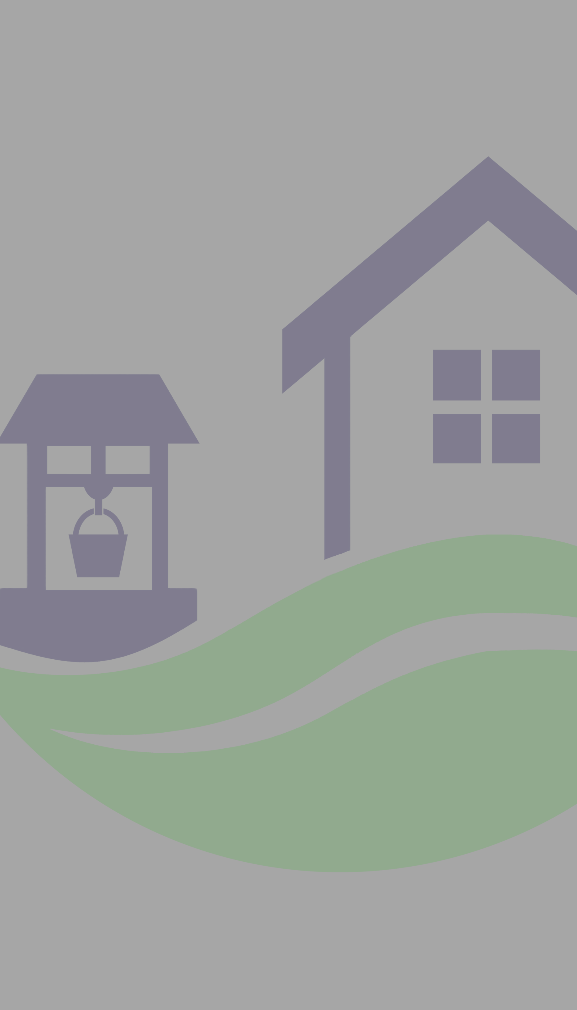 A stylized graphic of a house with a window and a well or water pump on a grassy landscape under a gray sky.