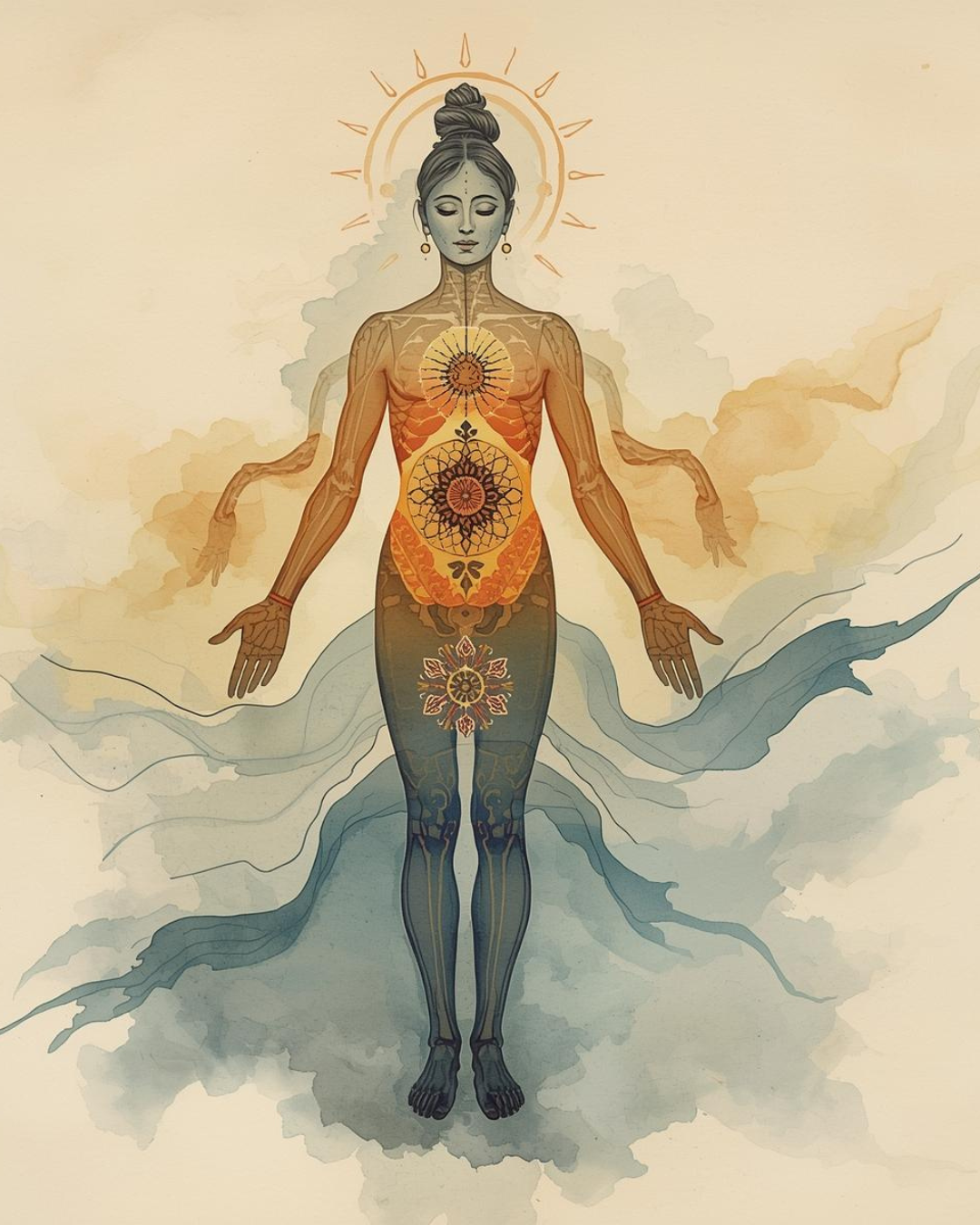 An artistic illustration of a woman with closed eyes, standing with arms outstretched. The woman has chakra symbols in her body, including crown, heart, and root chakras, with a background of clouds and radiating light around her head.