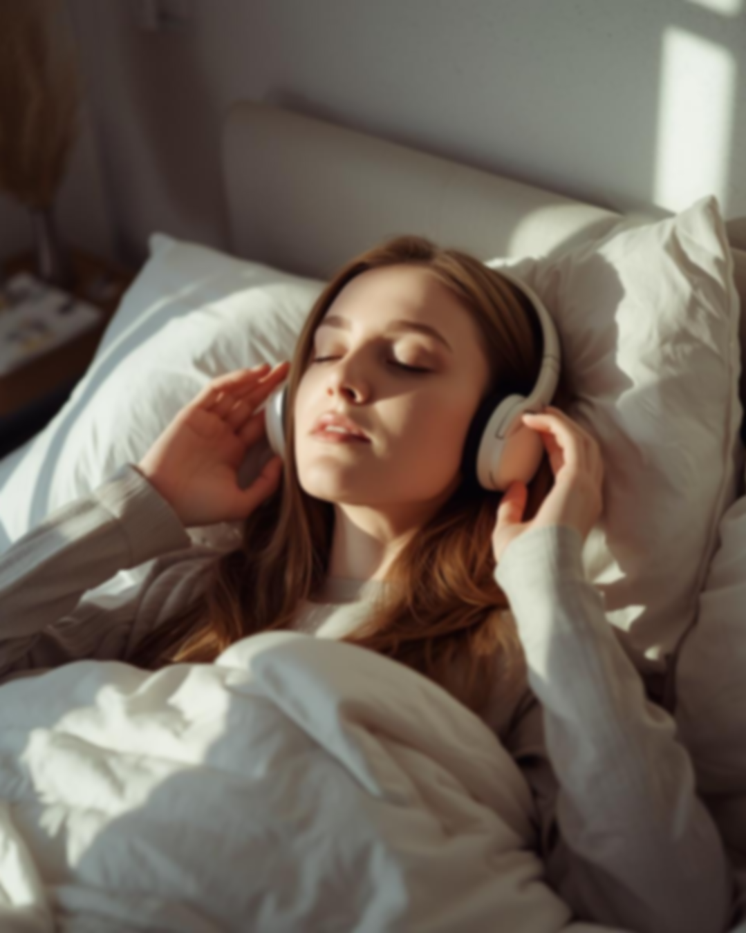 Young woman sleeping in bed with headphones on, sunlight streaming in.