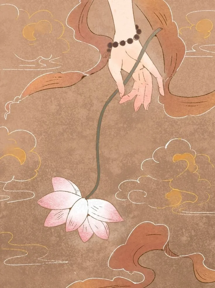 A surreal illustration of a woman with long brown hair holding a pink flower by its stem. The background features stylized clouds and swirling patterns in tan and yellow tones.