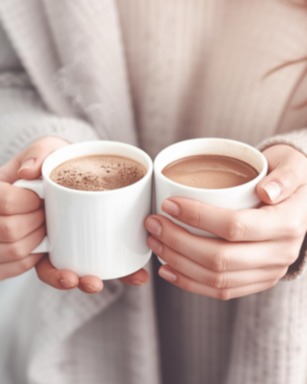 Two people holding white coffee mugs with hot chocolate or coffee, with steam rising, close-up shot.