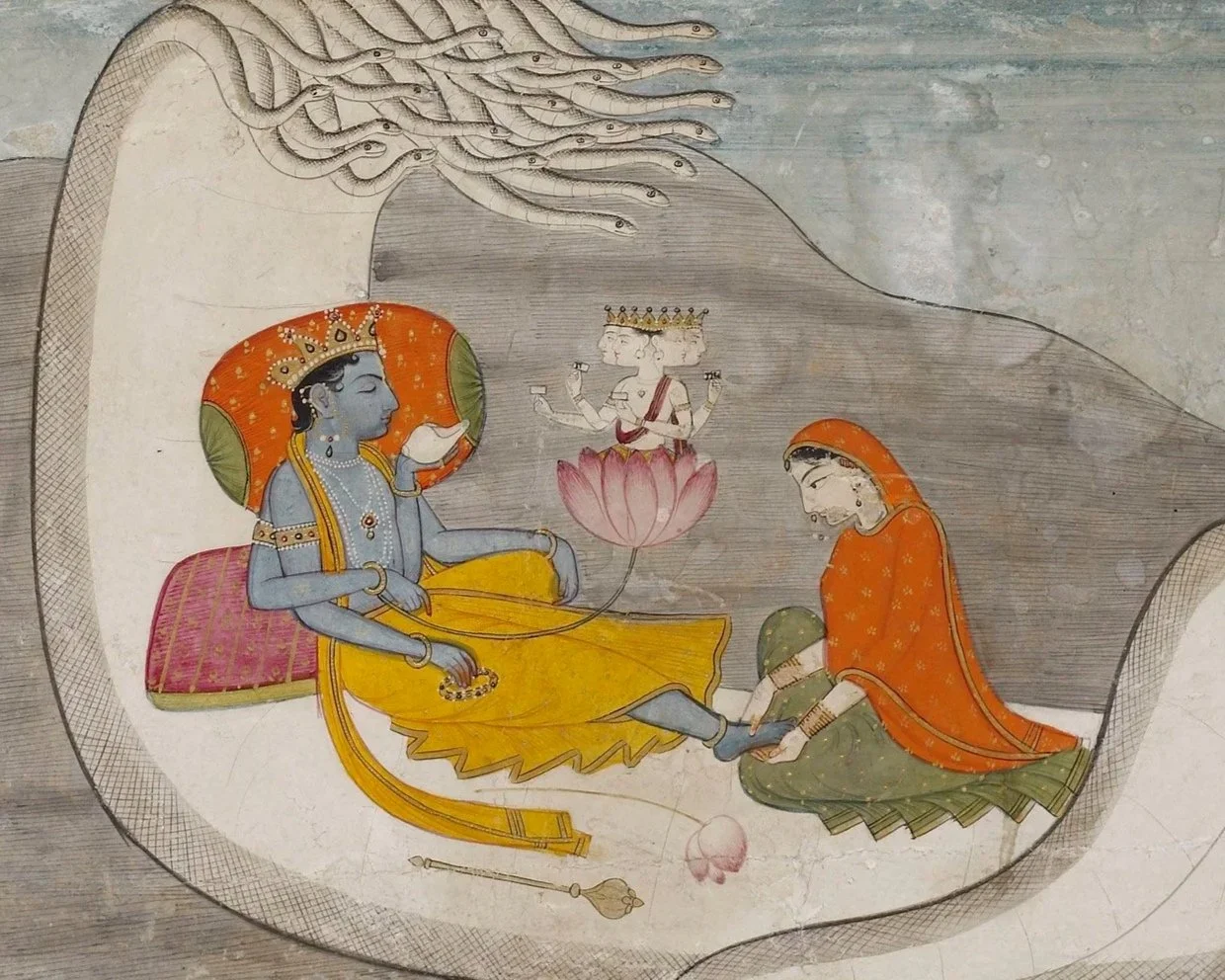 A traditional Indian painting depicting a divine scene with two main figures, one blue-skinned and the other female, sitting on the ground surrounded by natural elements and a central figure with multiple heads emerging from a lotus flower.