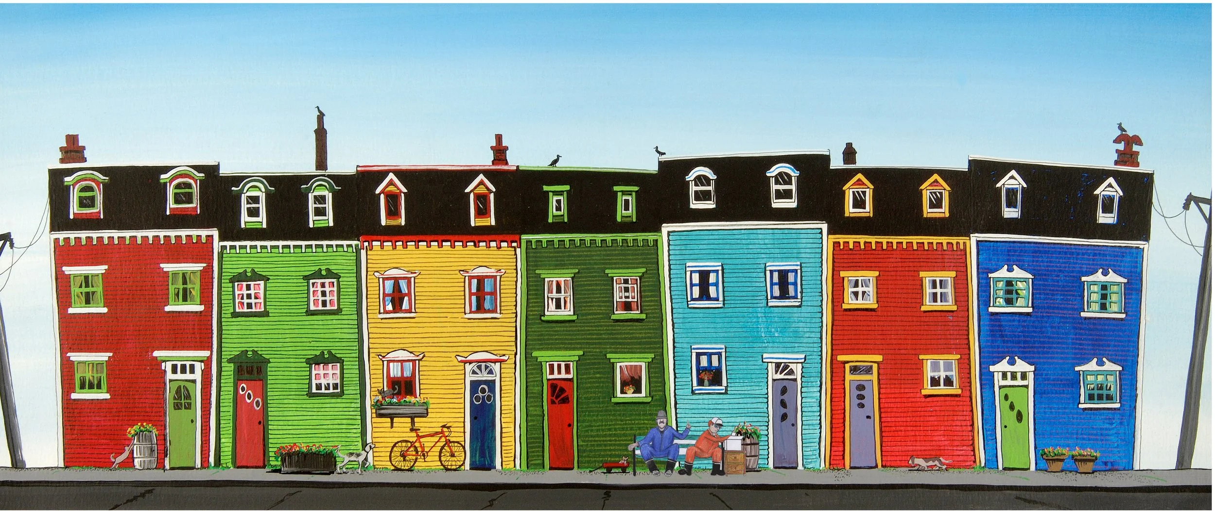 Colorful row of houses with a blue sky background, including red, green, yellow, and blue houses with various windows, doors, and decorative details. There are two people sitting on a bench, a bicycle, and several cats and birds around.