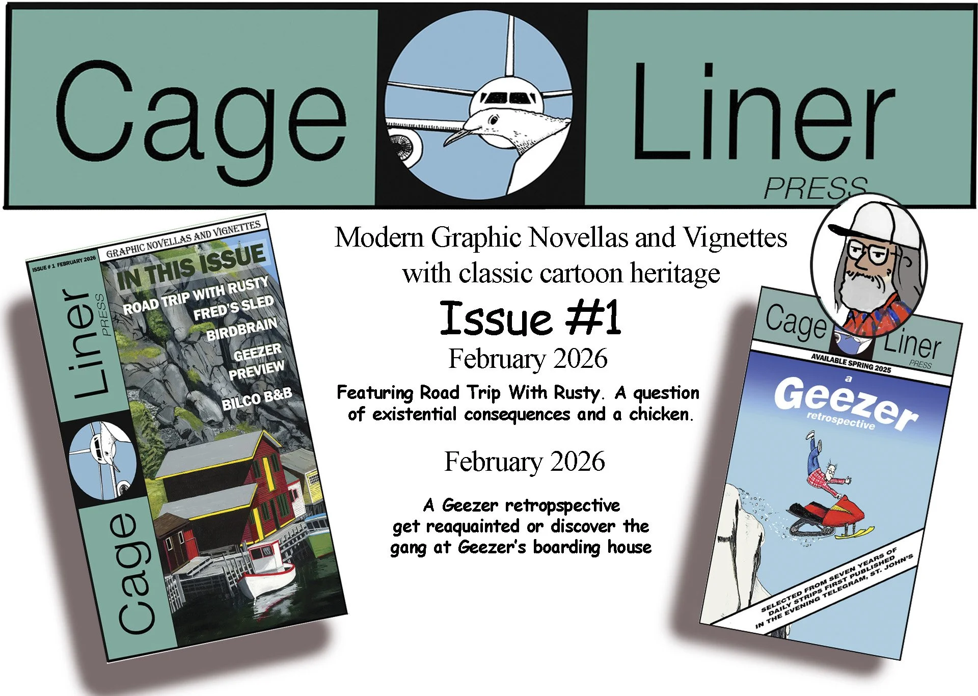 A promotional graphic for Cage Liner Press featuring comic novel issues, including a cover of 'Geezer' with a person snowboarding, and another issue with a scene of a boat docked at a waterfront with colorful buildings.