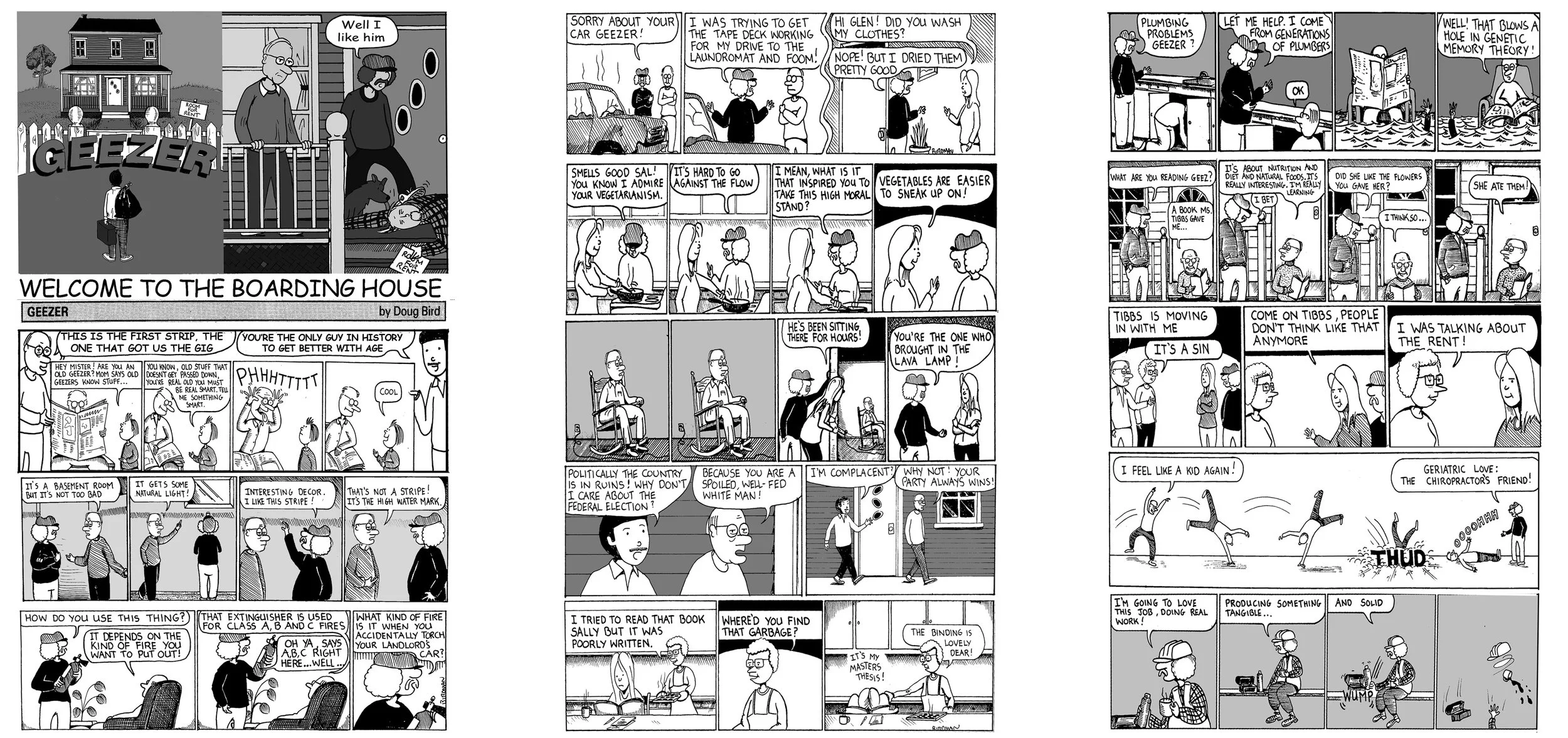 Comic strip illustration with multiple panels depicting different scenes: a boarding house, a conversation about car repairs, a visit to the library, and people performing skateboard tricks. Dialogue bubbles are present in each scene.