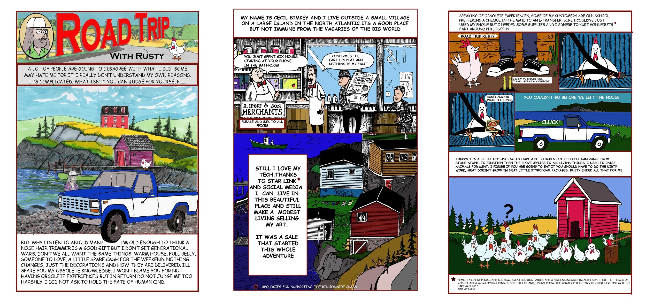 Comic strip titled 'Road Trip with Rusty' featuring a humorous story about a man named Cecil Bimkey. Panels show Cecil in his small village, traveling in a blue pickup truck, interacting at a shop, and contemplating life while chickens, a house, and outdoor scenes appear. The story includes reflections on technology, animals, and personal experiences.