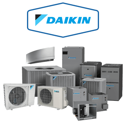 Collection of Daikin HVAC units, including air conditioners and heat pumps, with the Daikin logo at the top.