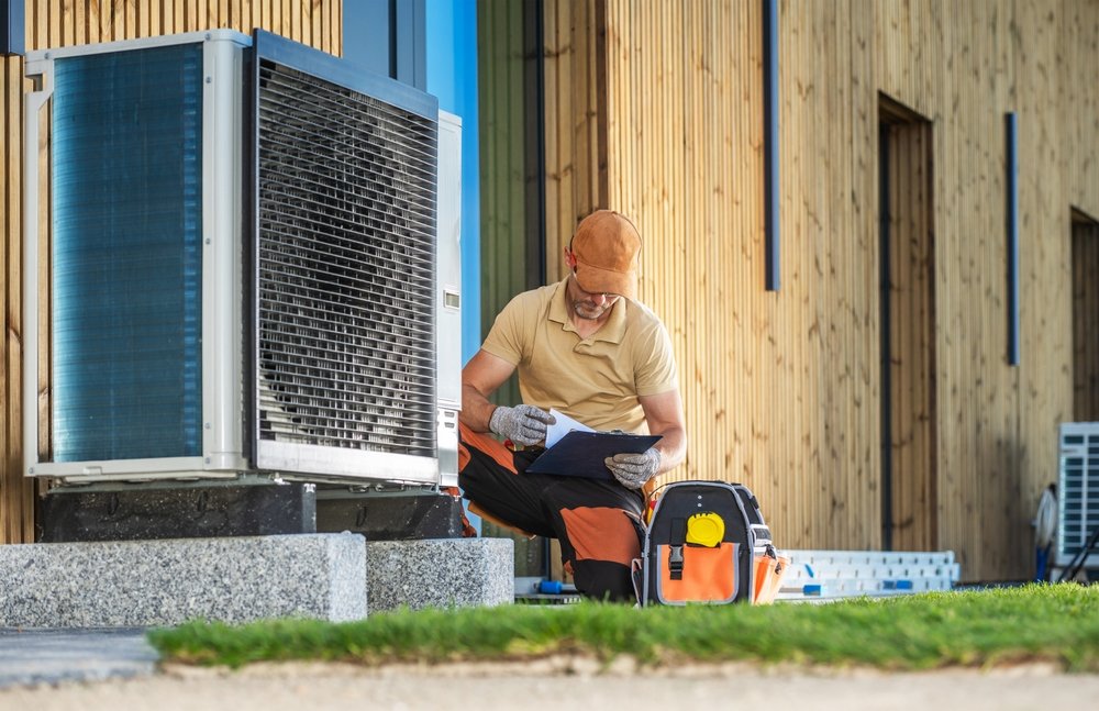 A technician sitting outdoors in front of an air conditioning unit, examining papers and taking notes.