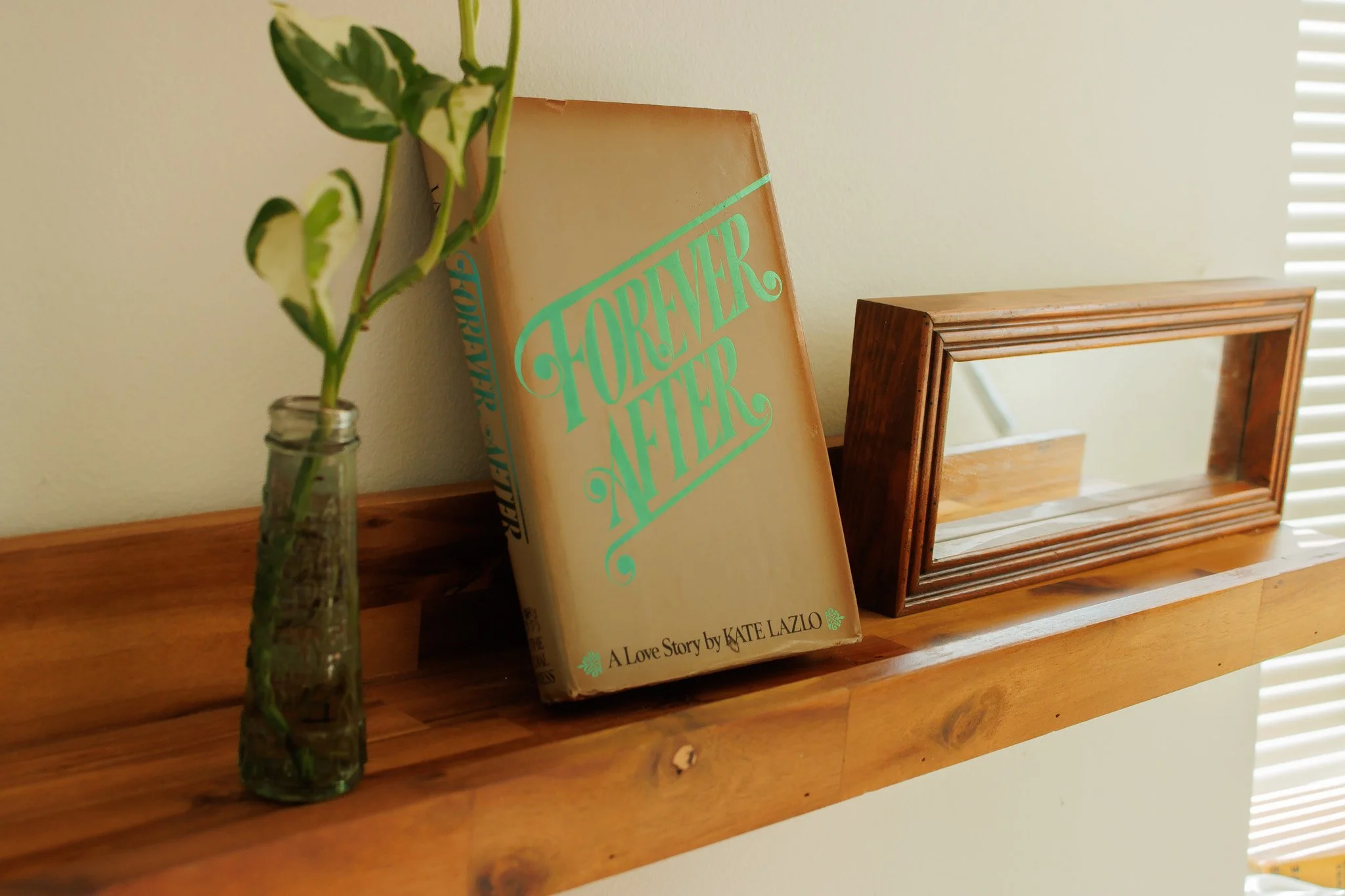 A small glass vase with green leafy plant, a book titled "Forever After" by Kate Lazio leaning against a wooden mirror frame on a wooden shelf.