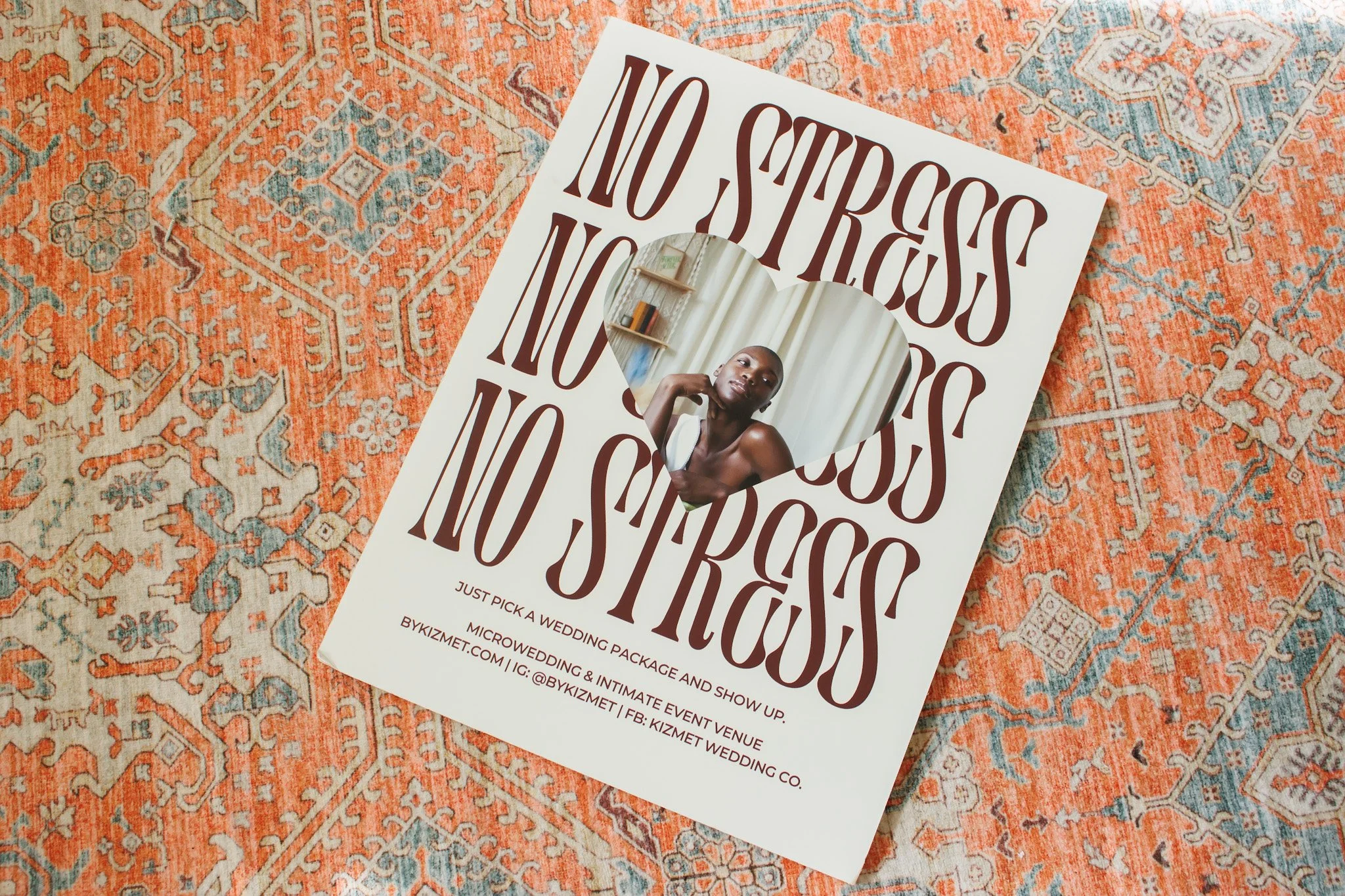 A wedding invitation flyer with the text 'NO STRESS NO STRESS NO STRESS' in large, stylized font. It features a heart-shaped cutout showing a woman with short hair, wearing a white outfit, sitting indoors with curtains and a bookshelf in the backgrou