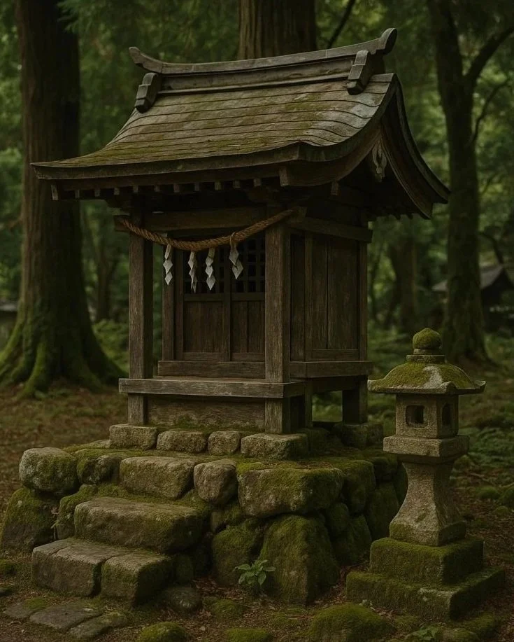 A small traditional Japanese wooden shrine on stone steps in a forest with moss-covered rocks and a stone lantern nearby.