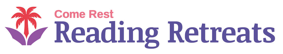 Logo with red palm tree and purple book petals, pink text says 'Come Rest', large blue text says 'Reading Retreats'.
