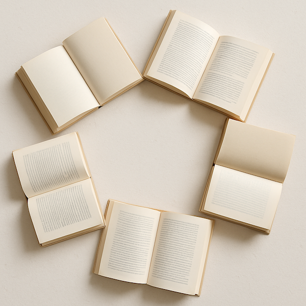 Six open books arranged in a circle on a white surface.