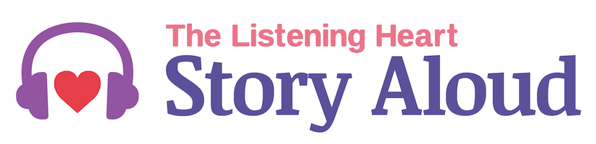 Logo with a purple headset and red heart, with text 'The Listening Heart' in pink and 'Story Aloud' in blue.