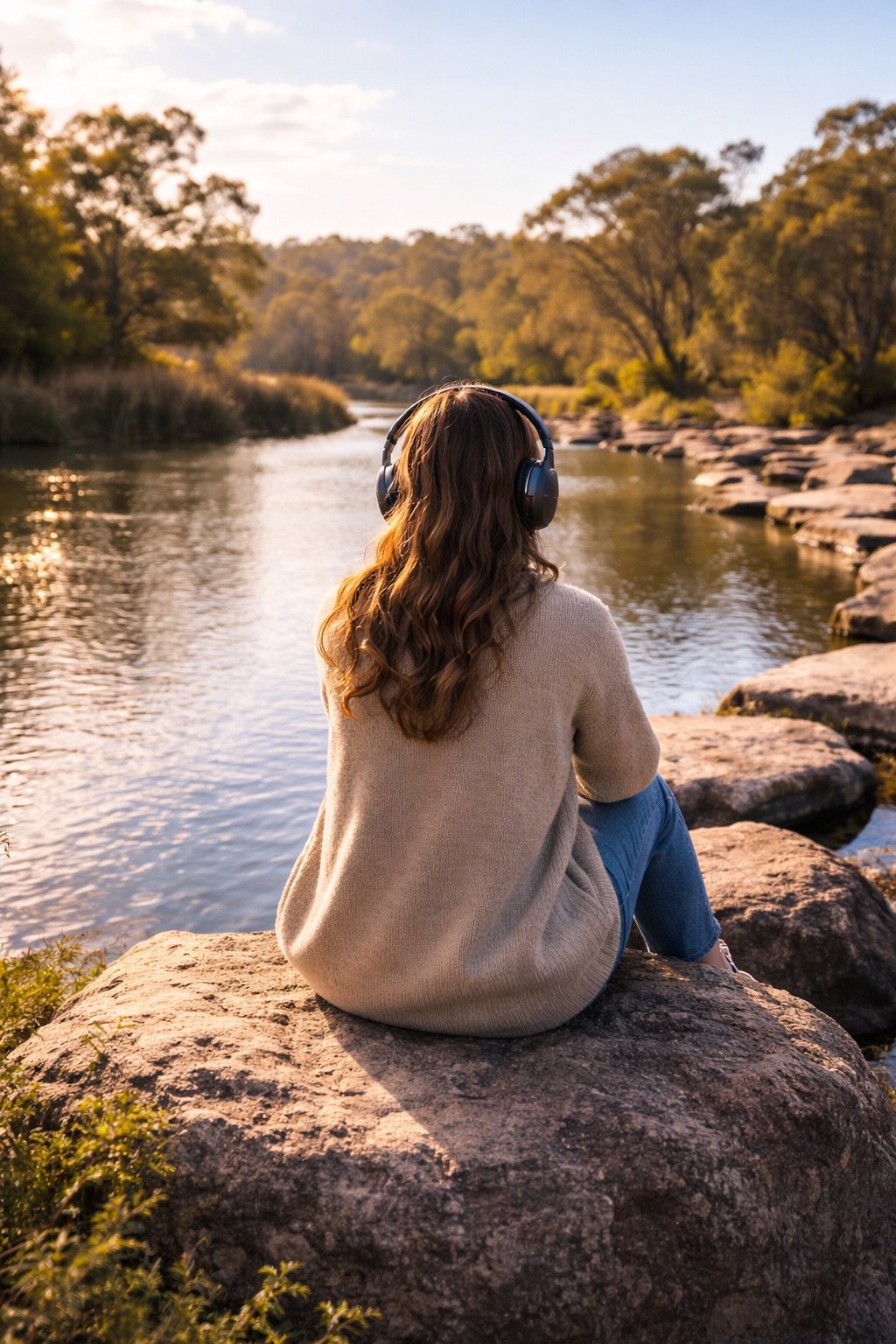 A woman with long, wavy hair wearing headphones, sitting on a large rock by a river, watching the sunset over trees.